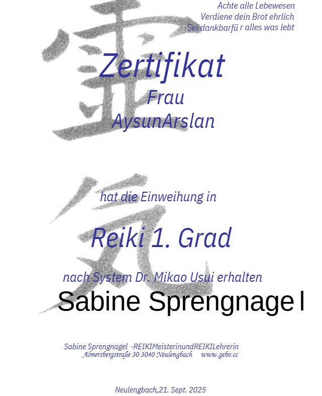 Reiki 1. Grad Zertifikat